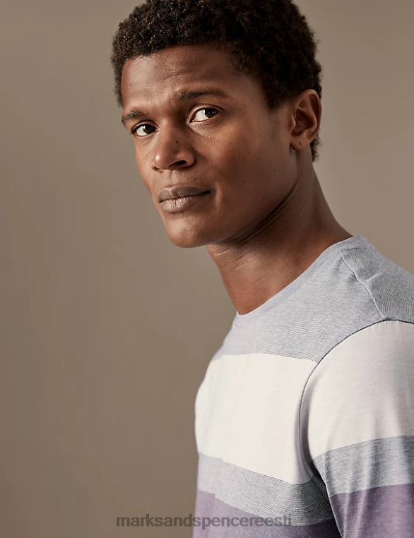 Riietus ee Marks & Spencer mehed puhtast puuvillast triibuline T-särk tolmutatud ploom NZTRN6086