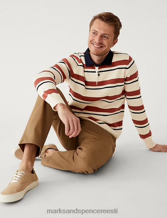 Riietus ee Marks & Spencer mehed puhtast puuvillast triibuline kootud ragbi särk punane segu NZTRN5688