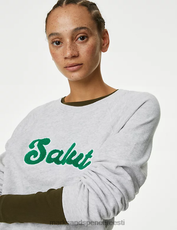 Riietus ee Marks & Spencer naised puhtast puuvillast slogan crew kaelusega dressipluus hall mergel NZTRN1379