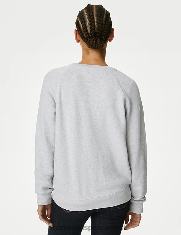 Riietus ee Marks & Spencer naised puhtast puuvillast slogan crew kaelusega dressipluus hall mergel NZTRN1379