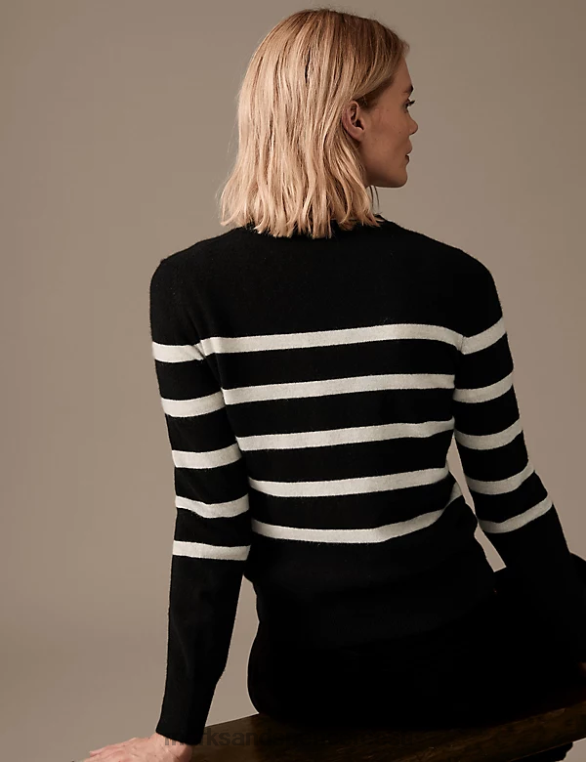 Riietus ee Marks & Spencer naised puhtast kašmiirist triibuline kaelusega kampsun must segu NZTRN2497