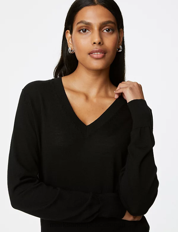 Riietus ee Marks & Spencer naised puhtast meriinovillast v-kaelusega kampsun must NZTRN1591