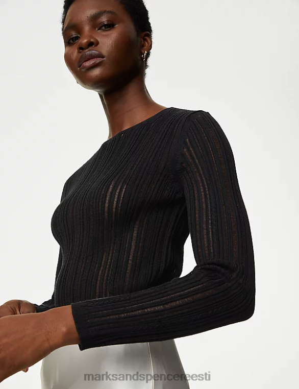 Riietus ee Marks & Spencer naised puuvillasegu tekstuuriga kaelusega kampsun must NZTRN412