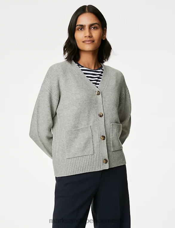 Riietus ee Marks & Spencer naised taaskasutatud segust v-kaelusega nööbiga eesmine kardigan hall mergel NZTRN456