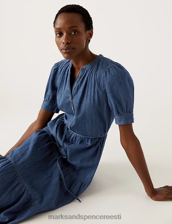 Riietus ee Marks & Spencer naised V-kaelusega nööbiga ees midi-astmeline kleit denim NZTRN162
