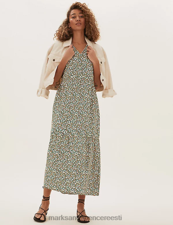 Riietus ee Marks & Spencer naised ditsy lilleline v kaelusega midi mitmetasandiline kleit mitu NZTRN3214