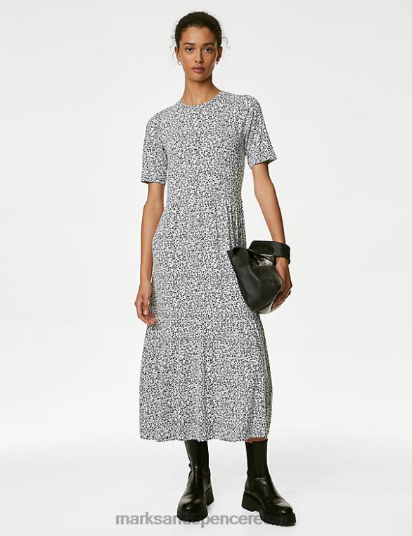 Riietus ee Marks & Spencer naised jersey trükitud ümara kaelusega midi mitmetasandiline kleit elevandiluu segu NZTRN894