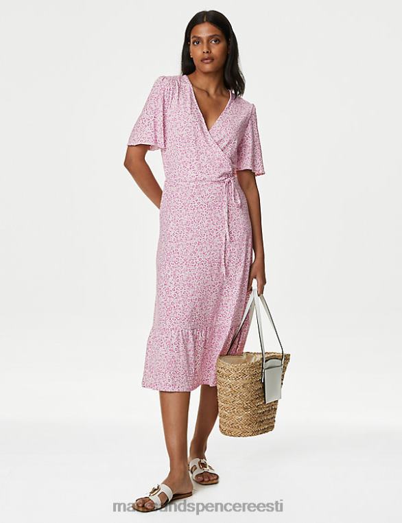 Riietus ee Marks & Spencer naised jersey trükitud v-kaelusega midi wrap kleit roosa segu NZTRN820