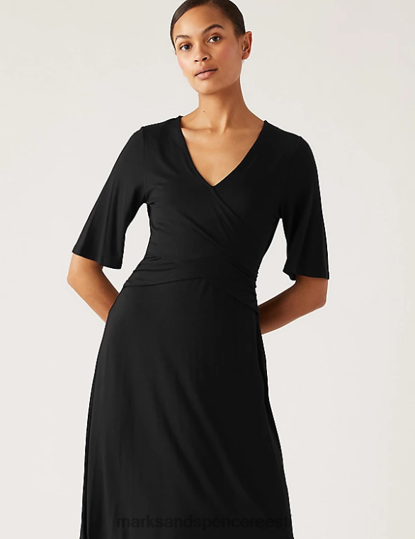 Riietus ee Marks & Spencer naised jersey v-kaelusega midi wrap kleit must NZTRN1463