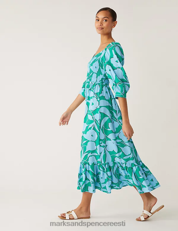 Riietus ee Marks & Spencer naised lilleline kandiline kaelus midi smock kleit sinine segu NZTRN2437