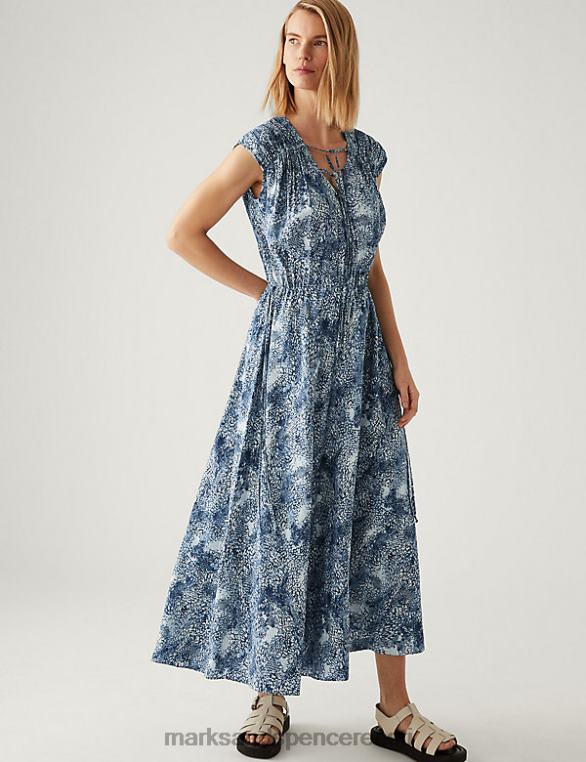 Riietus ee Marks & Spencer naised lilleline lips kaelusega midaxi taljega kleit sinine segu NZTRN1975