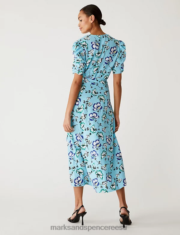 Riietus ee Marks & Spencer naised lilleline v-kaelusega lips vöökohal midi wrap kleit sinine segu NZTRN1171
