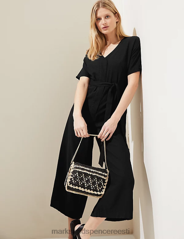 Riietus ee Marks & Spencer naised linane rikkalik kärbitud laia säärega kombinesoon must NZTRN2891