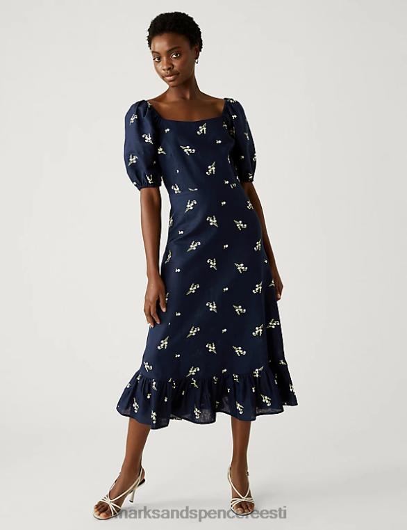 Riietus ee Marks & Spencer naised linane rikkalik lilleline kandiline kaelus midikleit mereväe segu NZTRN2777