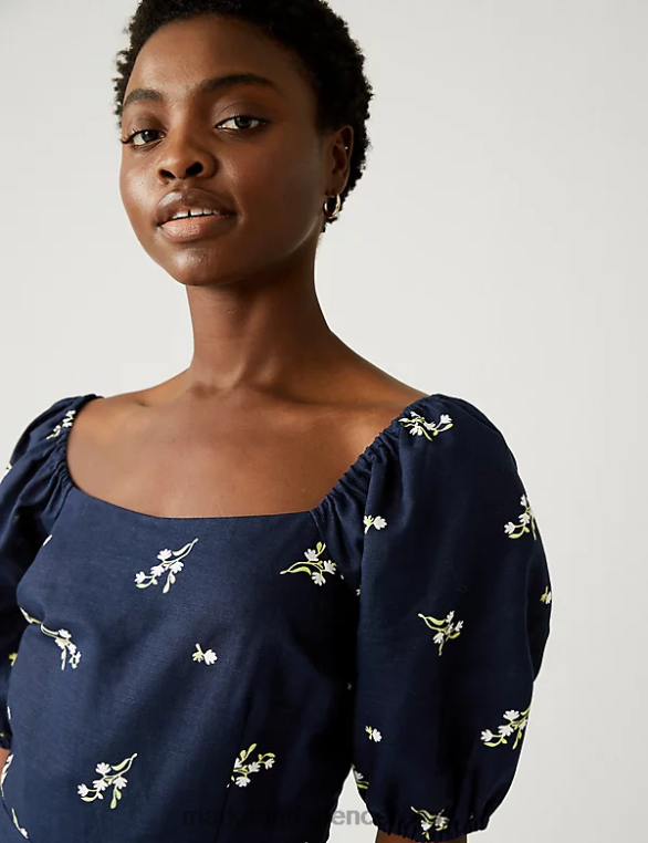 Riietus ee Marks & Spencer naised linane rikkalik lilleline kandiline kaelus midikleit mereväe segu NZTRN2777