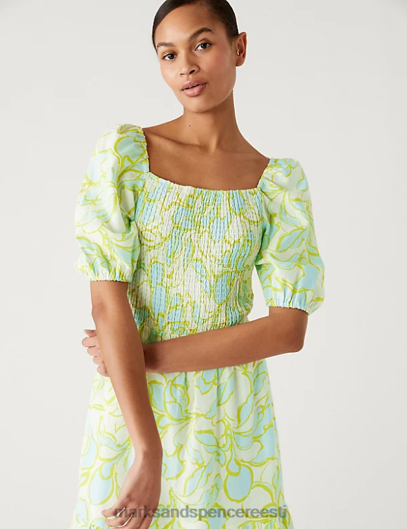 Riietus ee Marks & Spencer naised linane rikkalik lilleline kandiline kaelus midikleit roheline segu NZTRN296