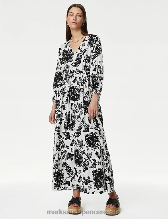 Riietus ee Marks & Spencer naised linane rikkalik lilleline v-kaelusega maksi mitmetasandiline kleit must segu NZTRN1090