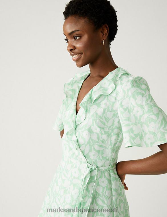 Riietus ee Marks & Spencer naised linane rikkalik lilleline v-kaelusega midi-wrap kleit roheline segu NZTRN2661