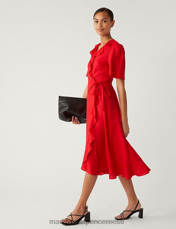 Riietus ee Marks & Spencer naised linane rikkalik v-kaelusega midi wrap kleit punane NZTRN1900