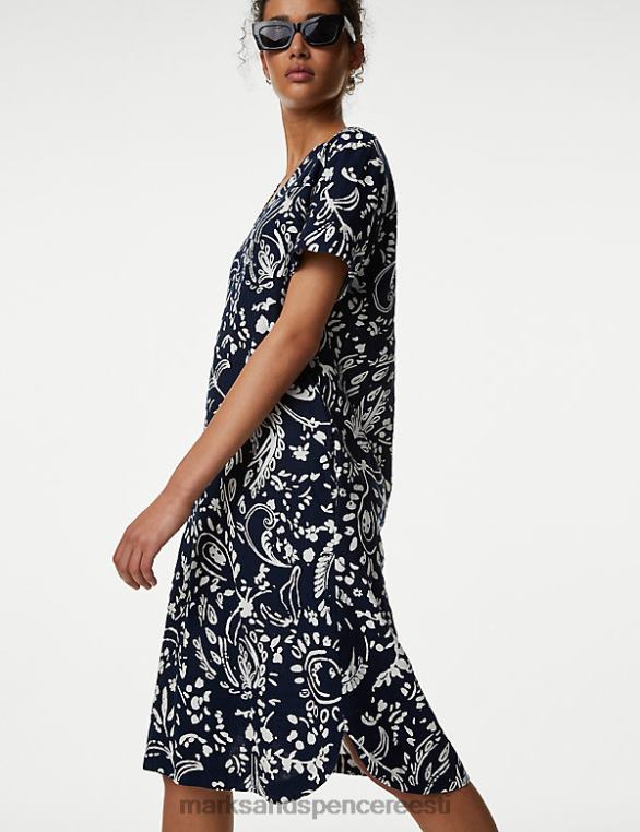 Riietus ee Marks & Spencer naised linane rikkaliku trükiga v-kaelusega midi shift kleit mereväe segu NZTRN676