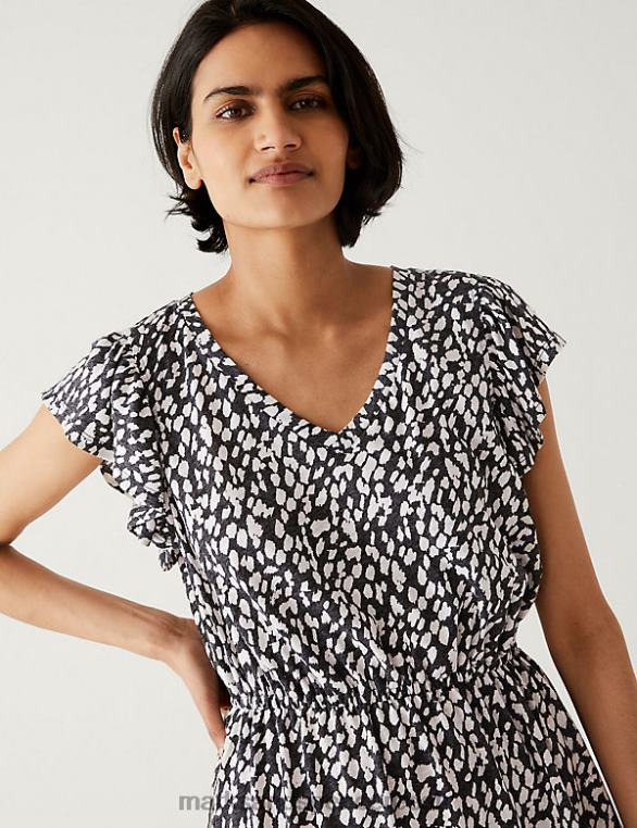 Riietus ee Marks & Spencer naised linane rikkaliku trükiga v-kaelusega minikleit vöökohaga must segu NZTRN2381