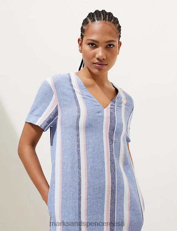 Riietus ee Marks & Spencer naised linane rikkaliku triibuline v-kaelusega midi shift kleit sinine segu NZTRN2224