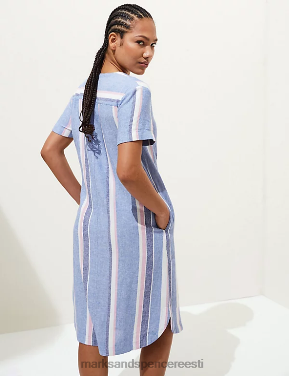 Riietus ee Marks & Spencer naised linane rikkaliku triibuline v-kaelusega midi shift kleit sinine segu NZTRN2224