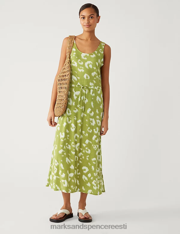 Riietus ee Marks & Spencer naised linase rikkaliku trükiga midaxi vöökohaga kleit khaki segu NZTRN2944