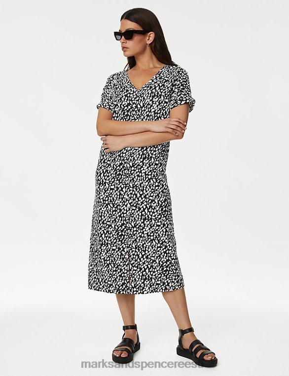 Riietus ee Marks & Spencer naised linase rikkaliku trükiga midikleit must segu NZTRN1649