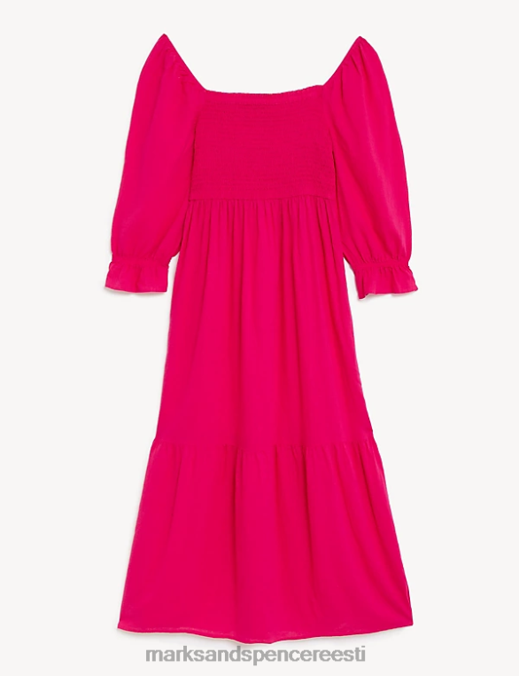 Riietus ee Marks & Spencer naised linasegu kandiline kaelusega volditud midikleit fuksia NZTRN965