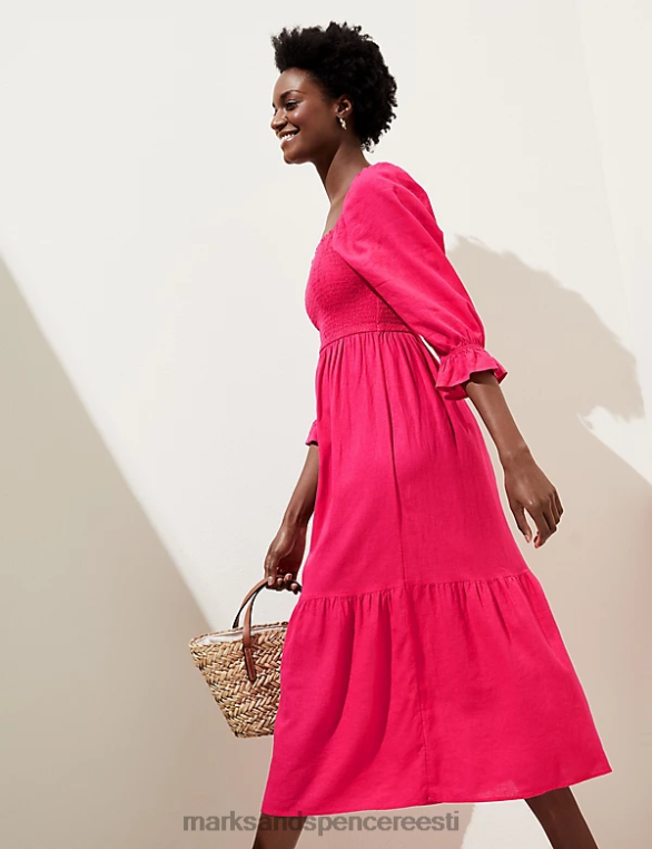 Riietus ee Marks & Spencer naised linasegu kandiline kaelusega volditud midikleit fuksia NZTRN965