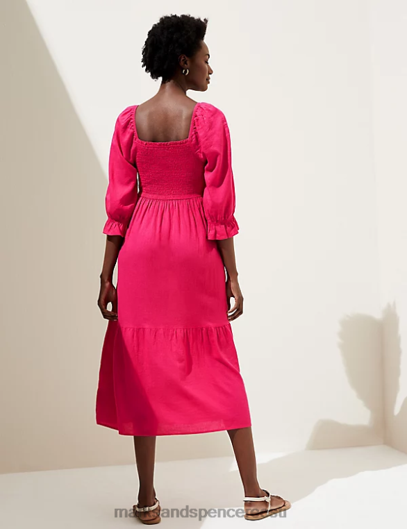 Riietus ee Marks & Spencer naised linasegu kandiline kaelusega volditud midikleit fuksia NZTRN965