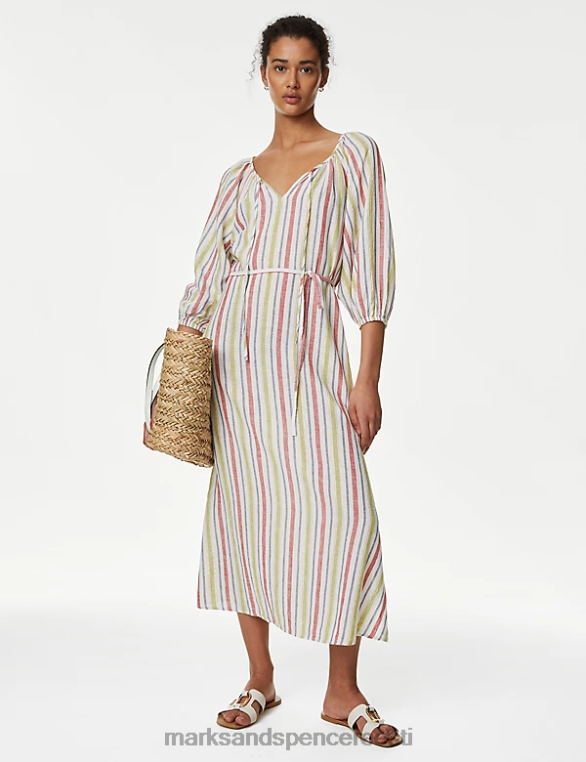 Riietus ee Marks & Spencer naised linasegu triibuline midi vöökohaga kleit mitu NZTRN1431
