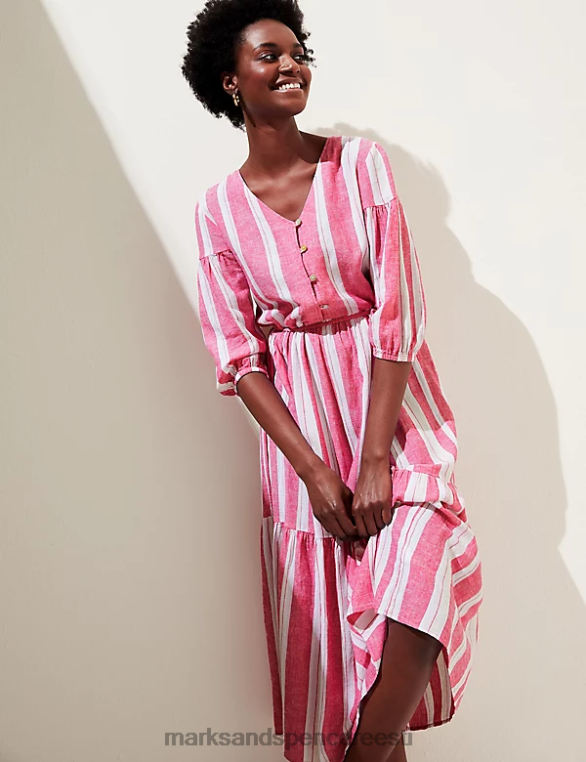 Riietus ee Marks & Spencer naised linasegu triibuline v-kaelusega midi-astmeline kleit fuksia segu NZTRN1451