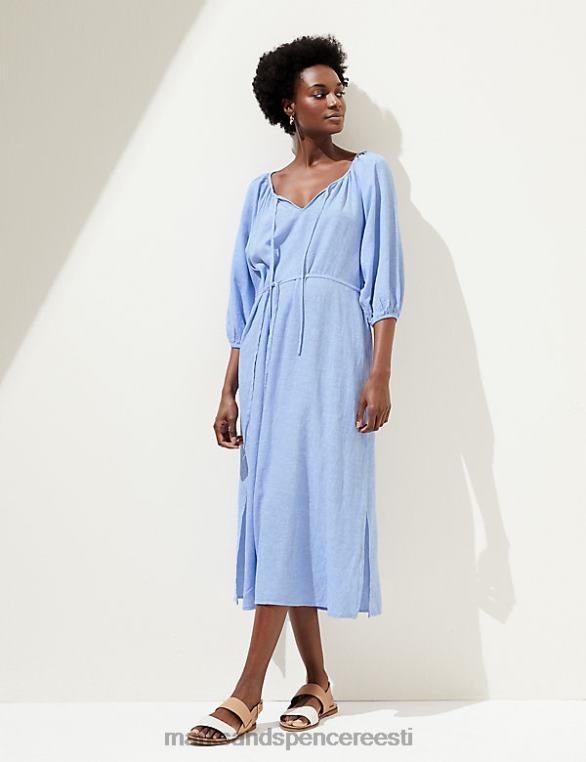 Riietus ee Marks & Spencer naised linasegust lipsu kaelaga midi kolonn kleit kerge chambray NZTRN866