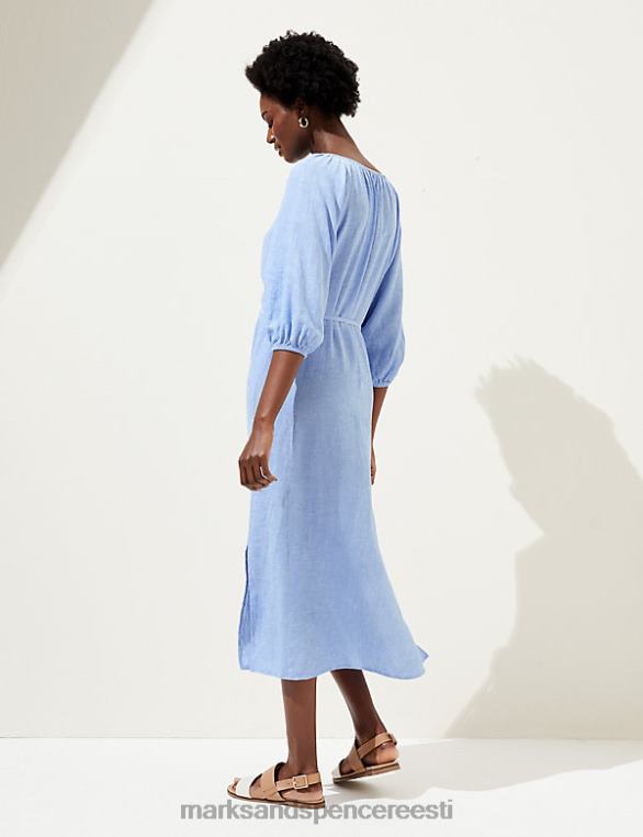 Riietus ee Marks & Spencer naised linasegust lipsu kaelaga midi kolonn kleit kerge chambray NZTRN866