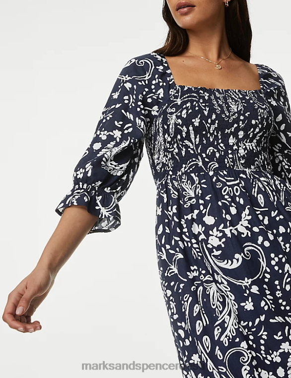 Riietus ee Marks & Spencer naised linasegust trükitud kandilise kaelusega midikleit mereväe segu NZTRN2566