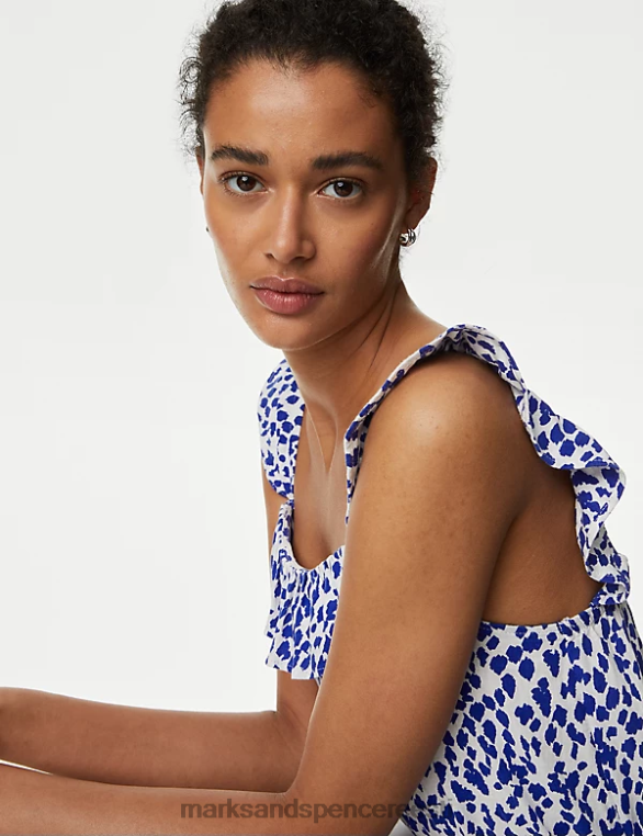 Riietus ee Marks & Spencer naised linasegust trükitud kandilise kaelusega midikleit sinine segu NZTRN3054