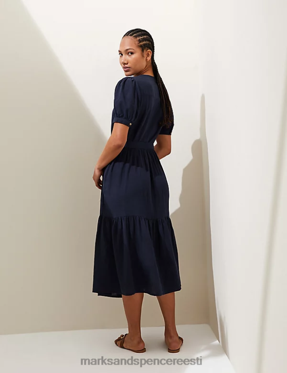 Riietus ee Marks & Spencer naised linasegust v-kaelusega lips vöökohal midi teekleit merevägi NZTRN1446