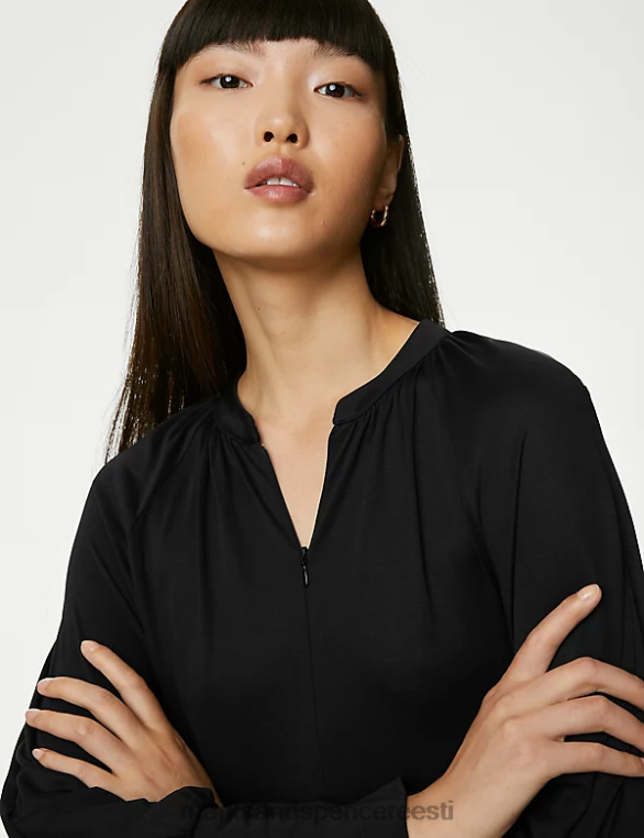 Riietus ee Marks & Spencer naised lukuga kaelus lips vöökohal midaxi smock kleit must NZTRN467