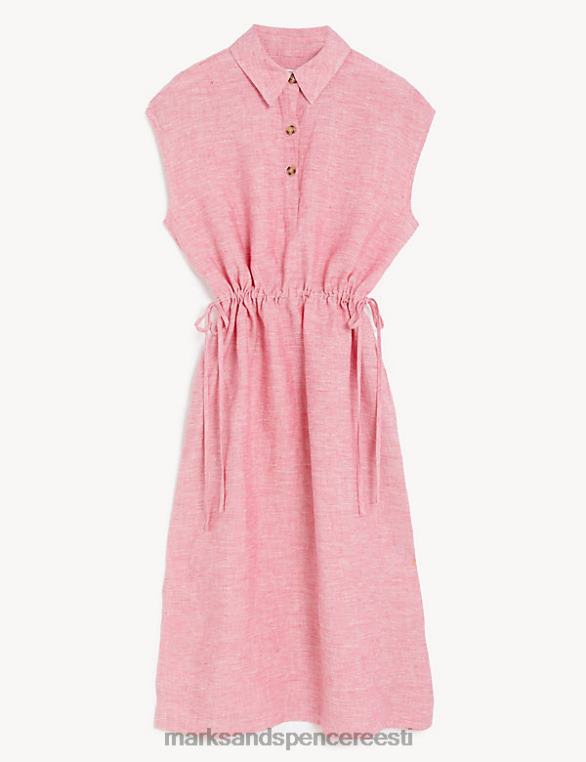 Riietus ee Marks & Spencer naised puhas linane lips vöökohal midi särk kleit roosa NZTRN1314