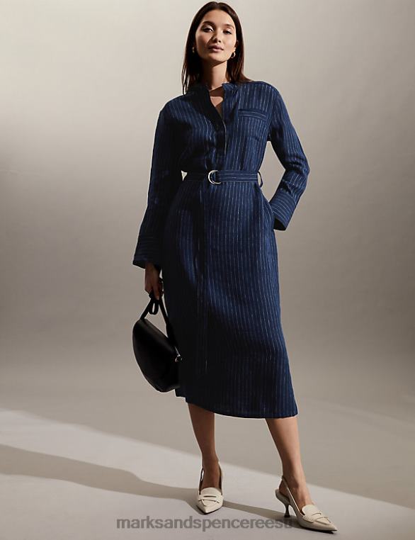 Riietus ee Marks & Spencer naised puhas linane triibuline midi särk kleit sinine segu NZTRN1205