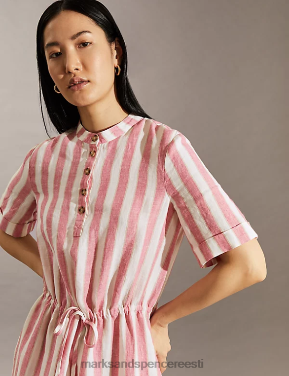 Riietus ee Marks & Spencer naised puhas linane triibuline midi vöökohaga kleit roosa segu NZTRN679
