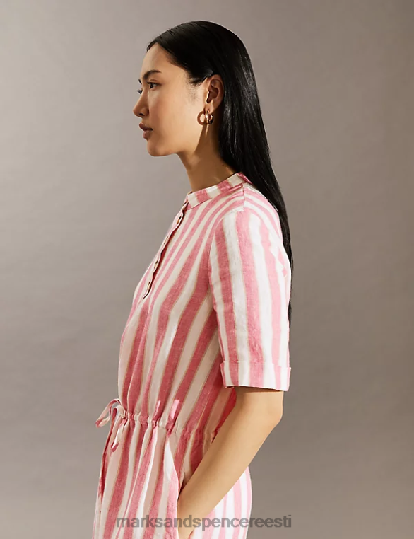 Riietus ee Marks & Spencer naised puhas linane triibuline midi vöökohaga kleit roosa segu NZTRN679
