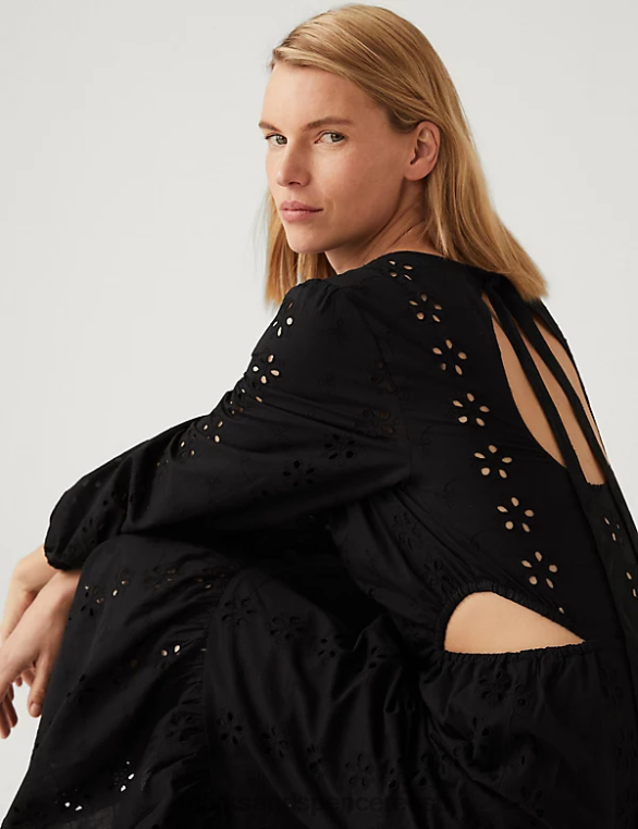 Riietus ee Marks & Spencer naised puhtast puuvillast broderie midaxi taljega kleit must NZTRN1162