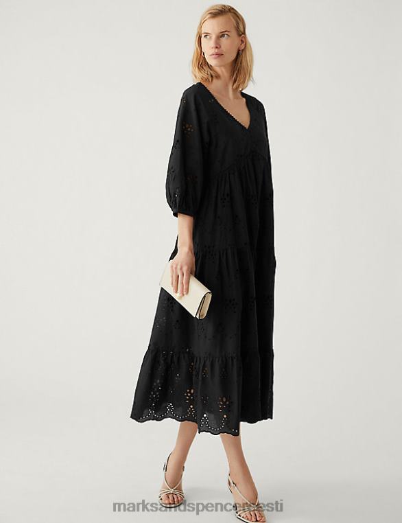 Riietus ee Marks & Spencer naised puhtast puuvillast broderie v-kaelusega midaxi kleit must NZTRN1085