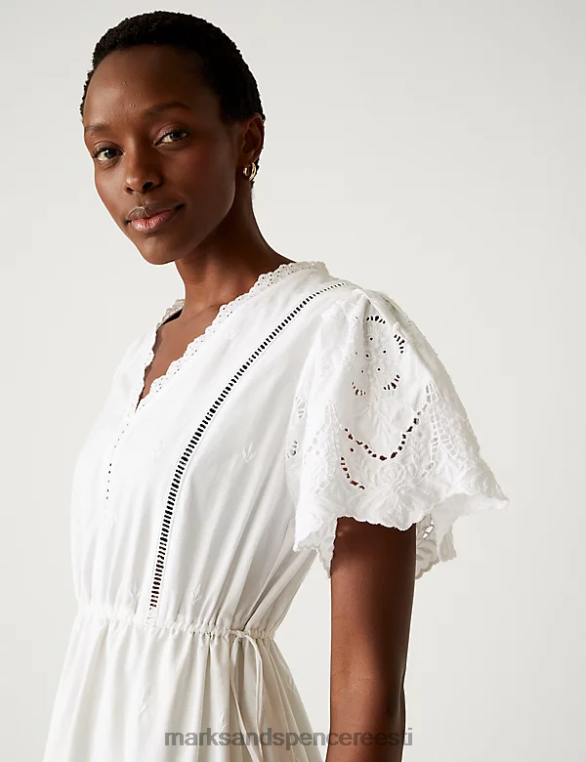 Riietus ee Marks & Spencer naised puhtast puuvillast broderie v-kaelusega midi teekleit pehme valge NZTRN1662
