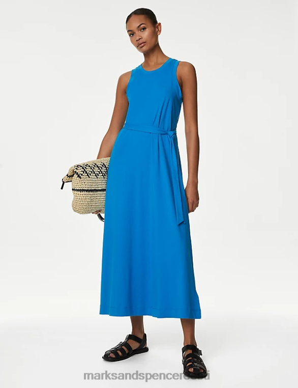 Riietus ee Marks & Spencer naised puhtast puuvillast jersey vööga midi kolonnkleit sinine NZTRN1948