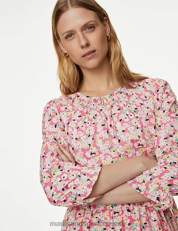 Riietus ee Marks & Spencer naised puhtast puuvillast lilleline midi vöökohaga kleit roosa segu NZTRN1143
