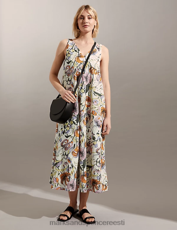 Riietus ee Marks & Spencer naised puhtast puuvillast lilleline v-kaelusega midi shift kleit mitu NZTRN1071